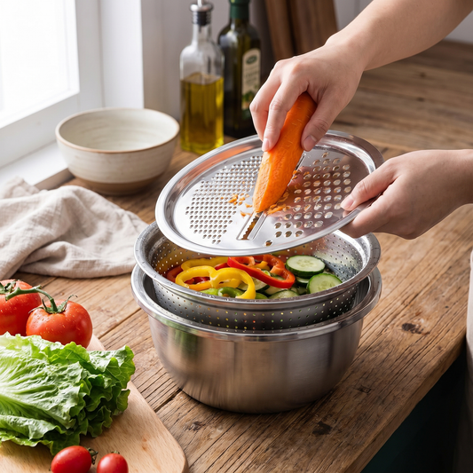 3-in-1 Batter Bowl Set | Integrated Grid and Drainage System | Space-Saving Nesting Design | MultiPrep - lifestyle