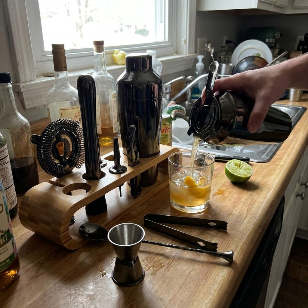 10-Piece Cocktail Set - bar tools kit, bamboo stand, mixology