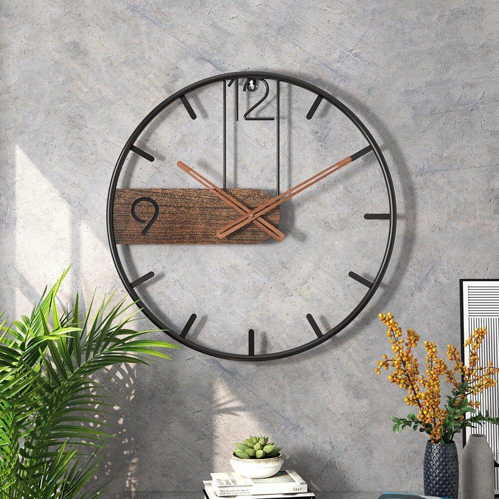 40 cm Industrial Wall Clock in Metal & Walnut
