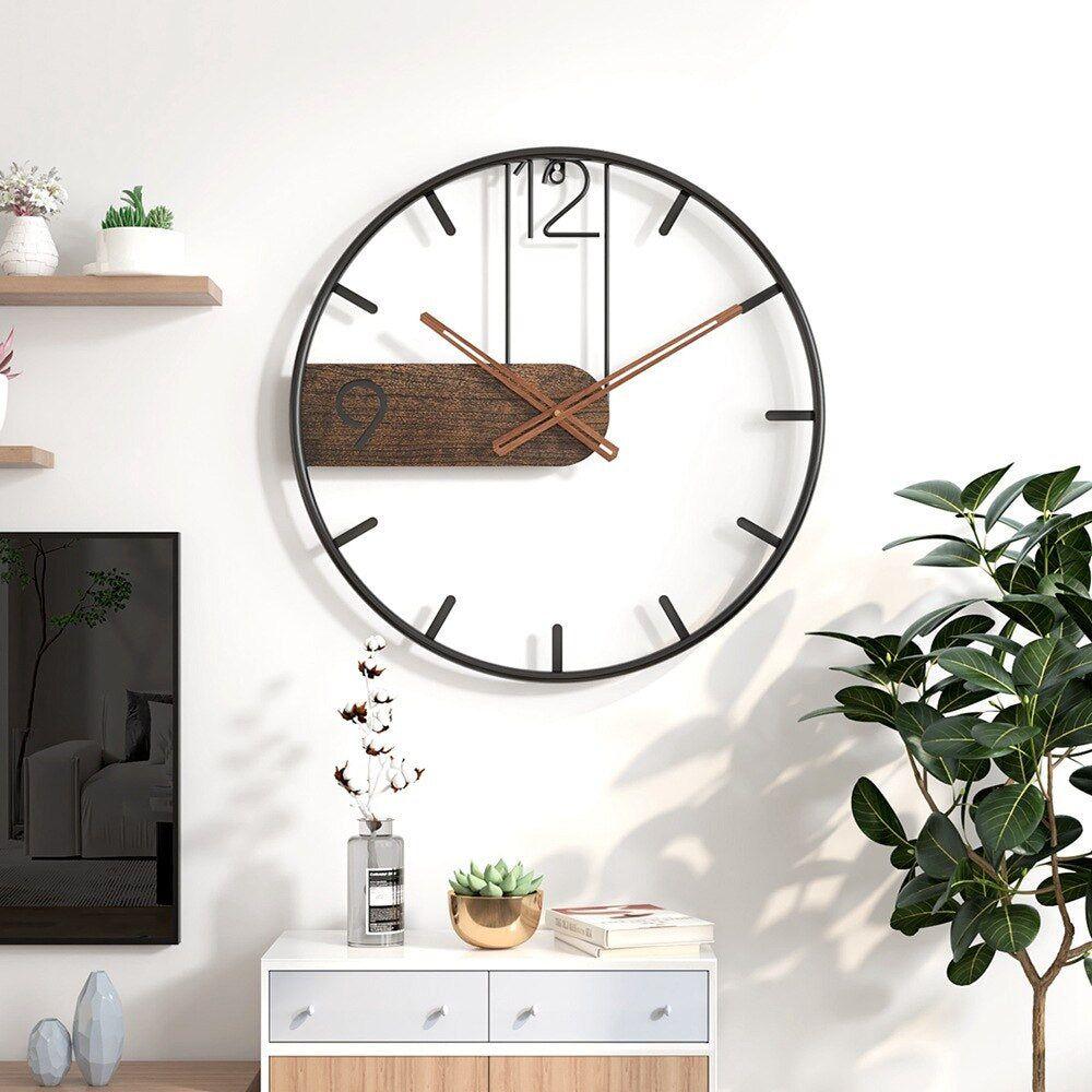40 cm Industrial Wall Clock in Metal & Walnut