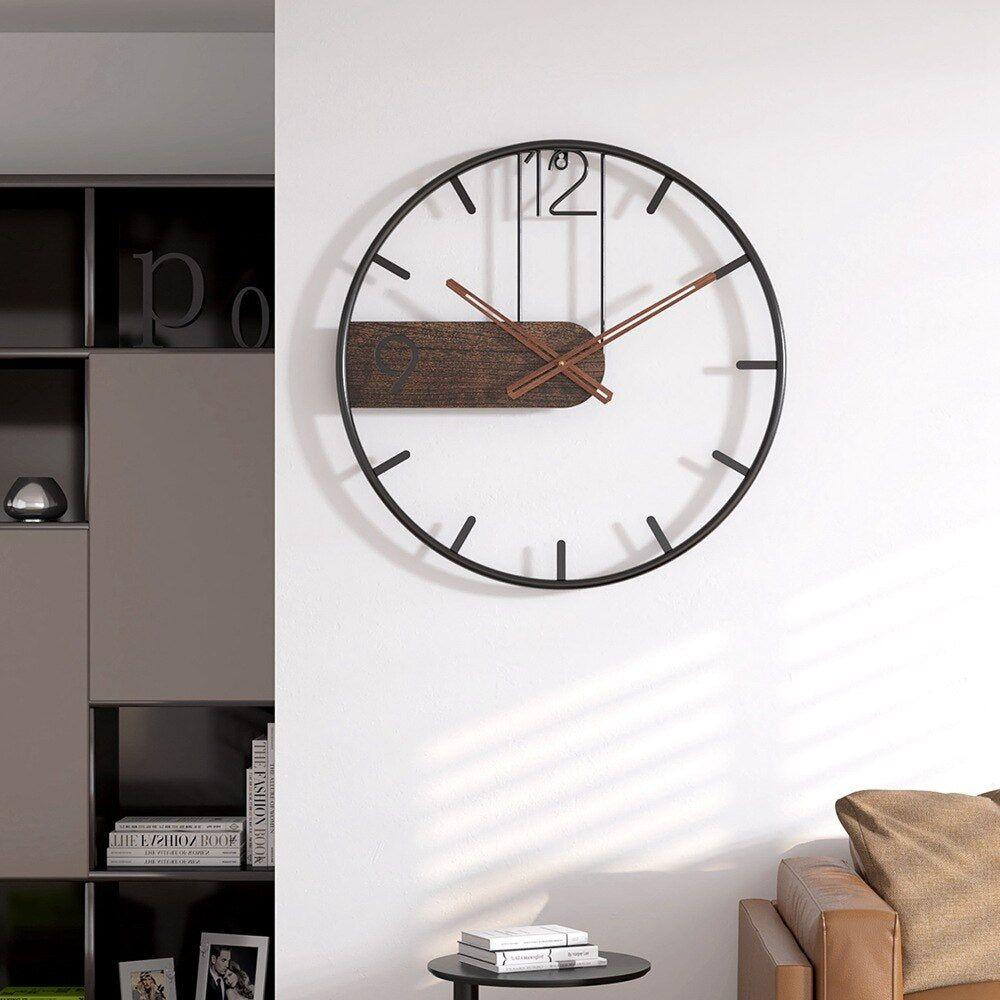 40 cm Industrial Wall Clock in Metal & Walnut