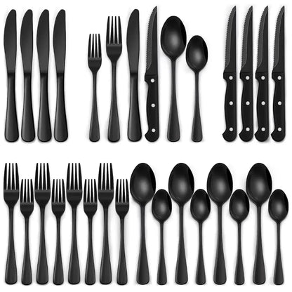 24-Piece Black Matte Cutlery Set with Steak Knives