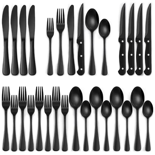 24-Piece Black Matte Cutlery Set with Steak Knives