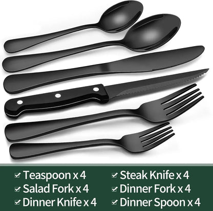 24-Piece Black Matte Cutlery Set with Steak Knives