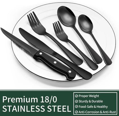 24-Piece Black Matte Cutlery Set with Steak Knives