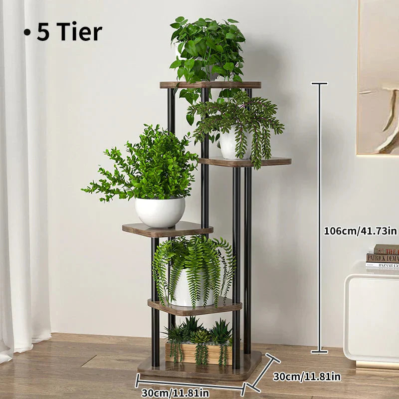 5-Tier Plant Stand with Wood Shelves and Metal Frame