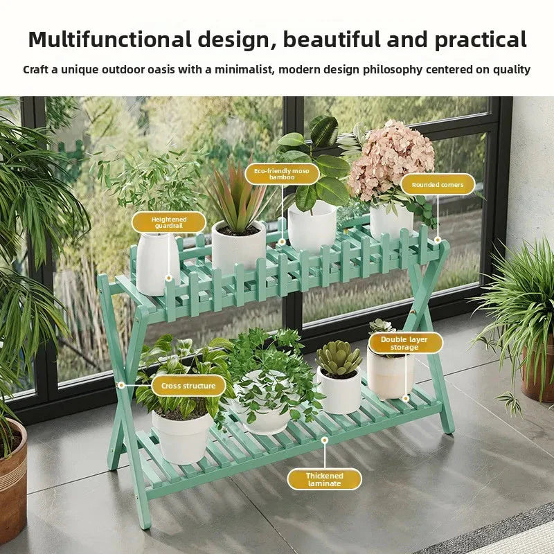 2-Tier Bamboo Plant Stand with Decorative Fence