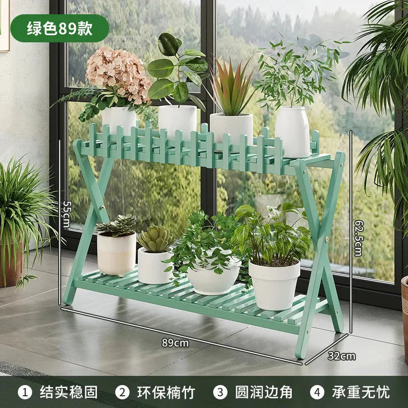 2-Tier Bamboo Plant Stand with Decorative Fence