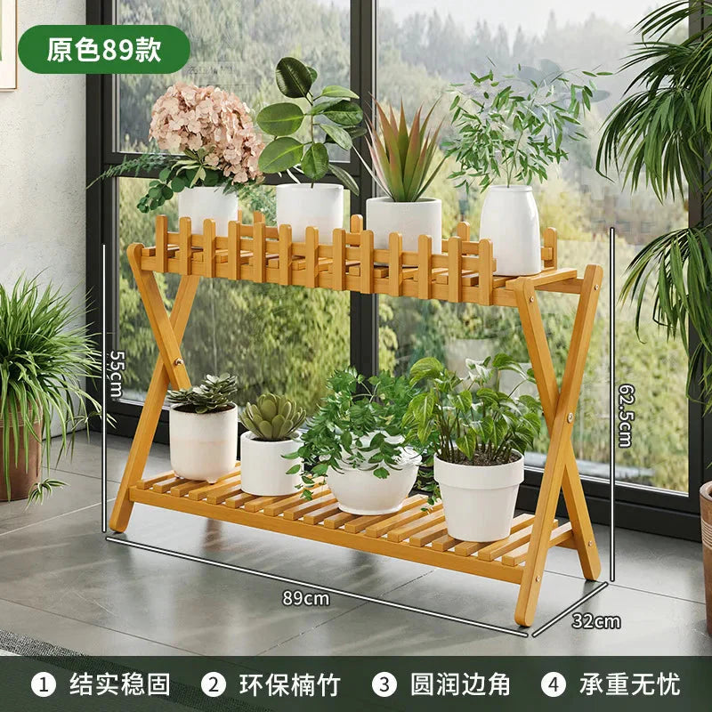 2-Tier Bamboo Plant Stand with Decorative Fence
