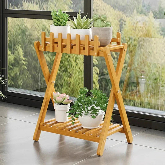 2-Tier Bamboo Plant Stand with Decorative Fence
