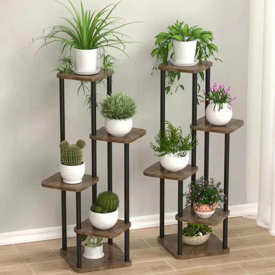 5-Tier Plant Stand with Wood Shelves and Metal Frame
