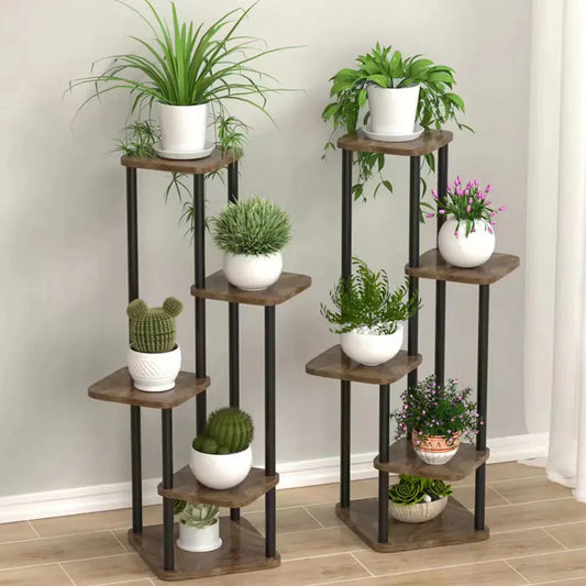 5-Tier Plant Stand with Wood Shelves and Metal Frame