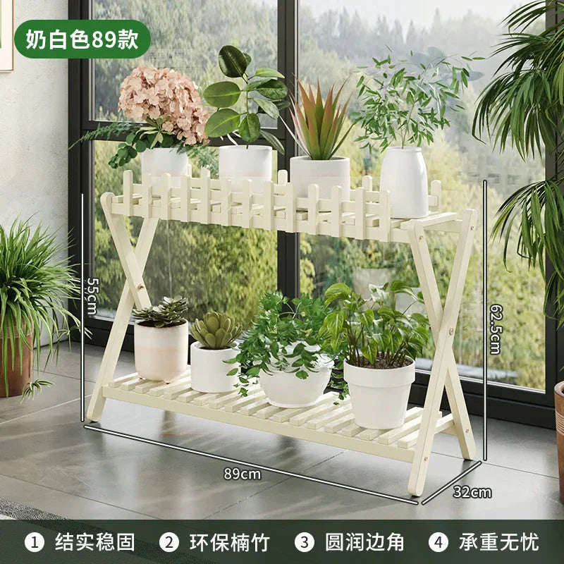 2-Tier Bamboo Plant Stand with Decorative Fence