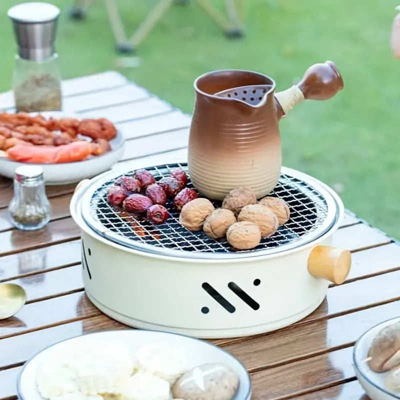 28cm Portable Charcoal Grill with Wooden Handles