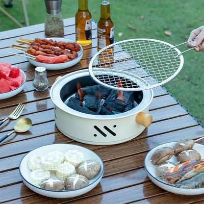 28cm Portable Charcoal Grill with Wooden Handles