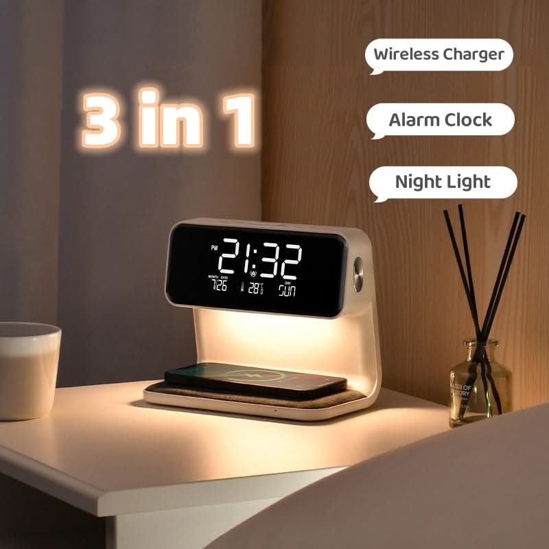 3-in-1 LCD Alarm Clock with Wireless Charger and LED Lamp