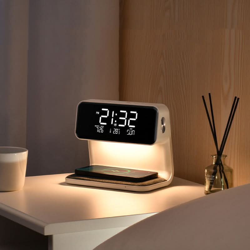 3-in-1 LCD Alarm Clock with Wireless Charger and LED Lamp