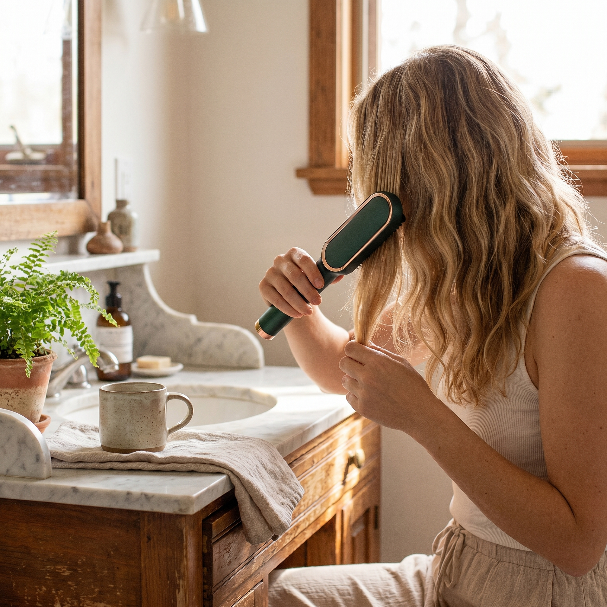 2-in-1 Hair Straightener and Brush with Nano-Titanium Technology - lifestyle