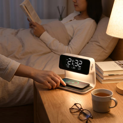 3-in-1 LCD Alarm Clock | Wireless Charging Station | Dimmable LED Lamp - lifestyle