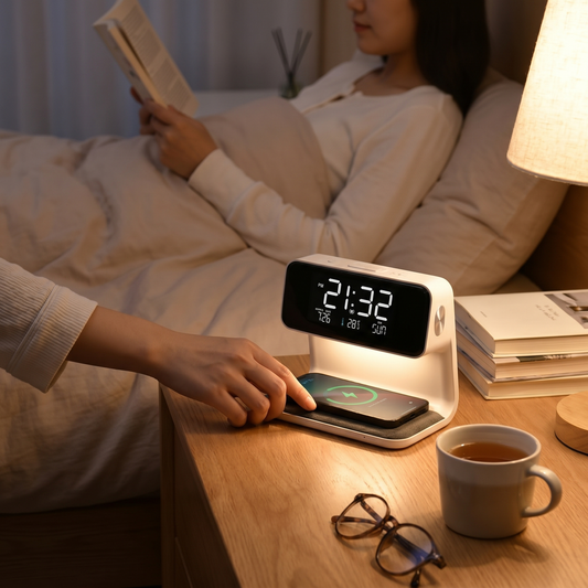 3-in-1 LCD Alarm Clock | Wireless Charging Station | Dimmable LED Lamp - lifestyle