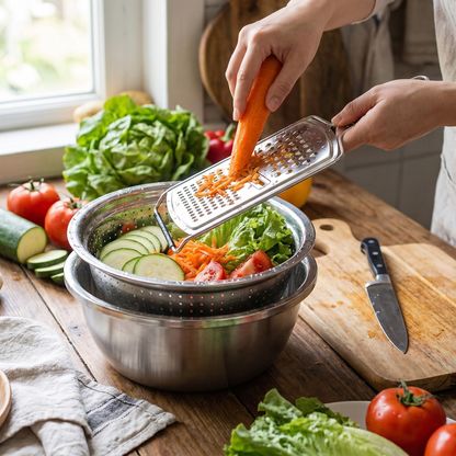 3-Piece Mixing Bowl Set with Integrated Strainer and Drainage System – Space-Saving and Stackable - lifestyle