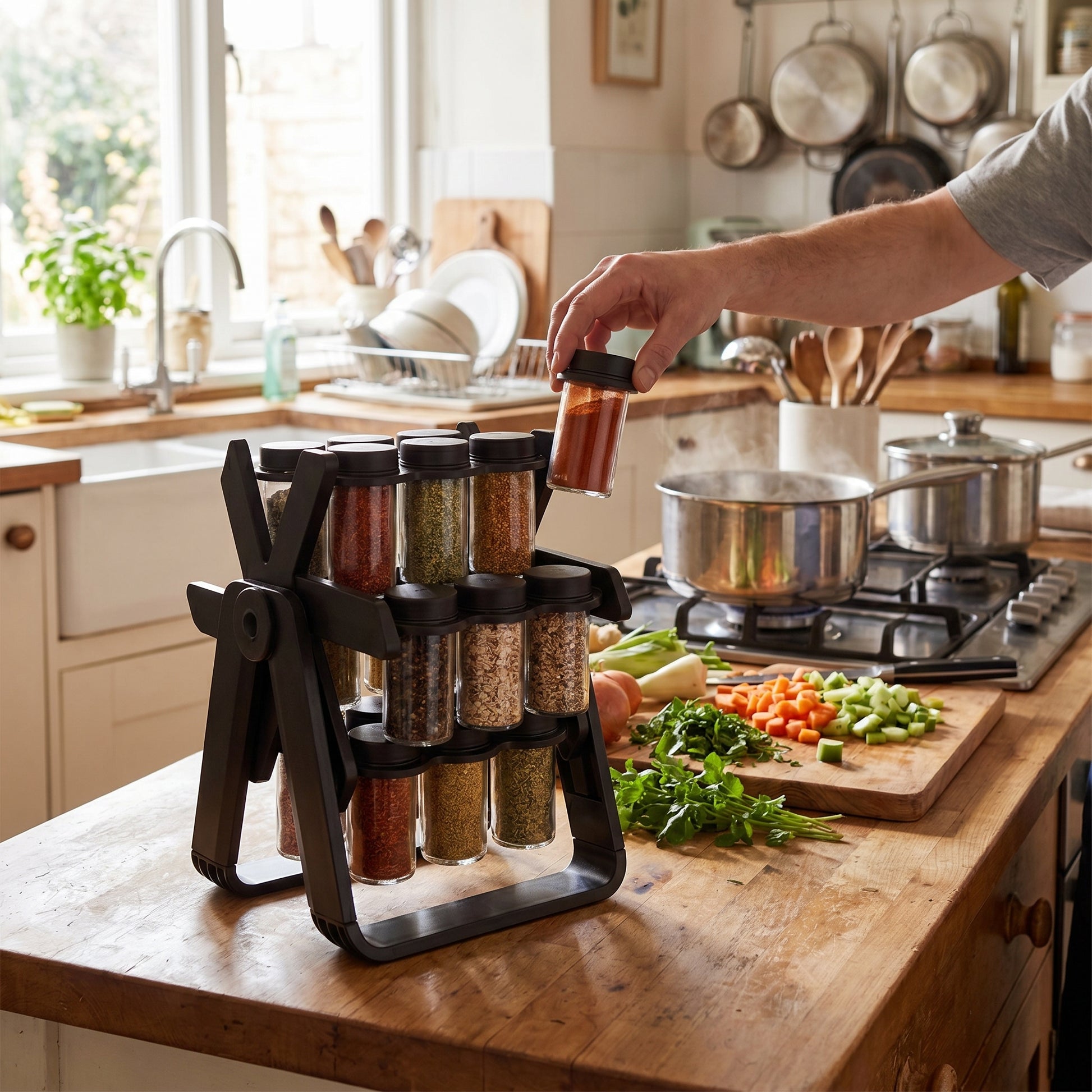 360° Compact Spice Organizer with 18 Glass Containers, Rotating Design - lifestyle