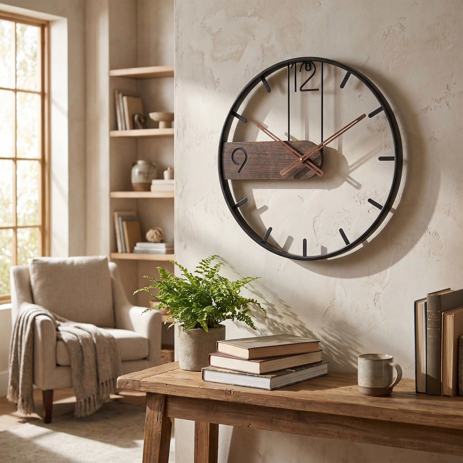 40 cm Round Wall Clock – Modern Industrial Design in Black Metal and Wood - lifestyle