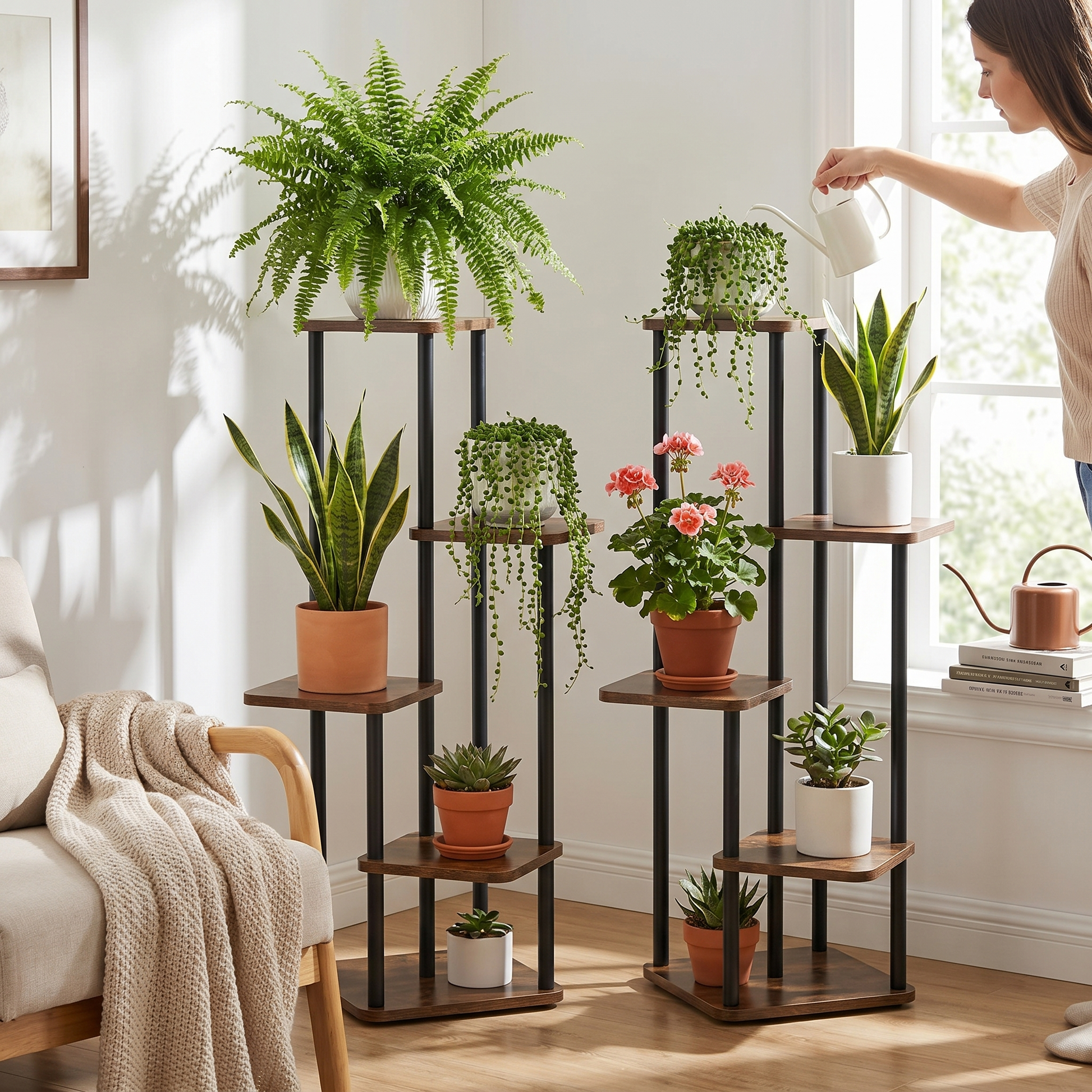 5-Tier Plant Stand – Black Metal Frame and Wooden Shelves - lifestyle