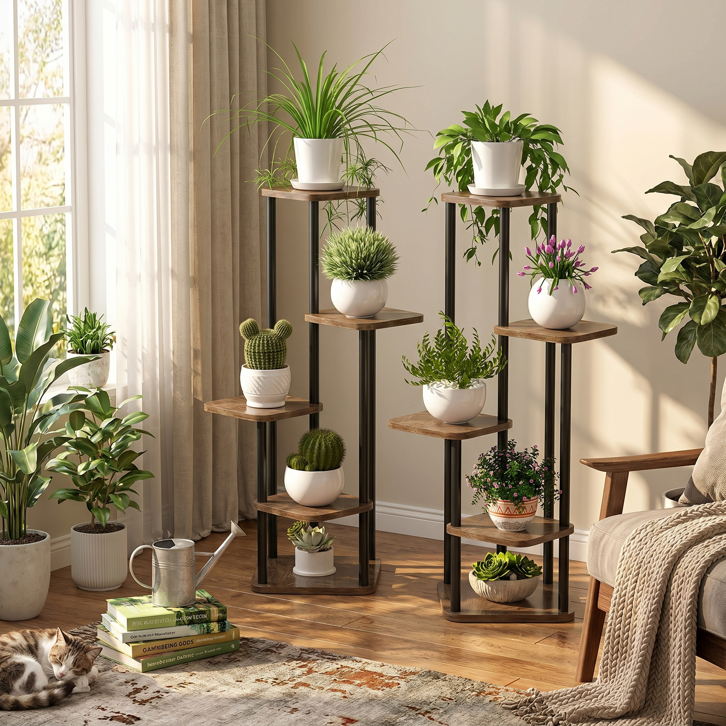 5-Tier Plant Stand – Wooden Shelves on Black Metal Frame - lifestyle