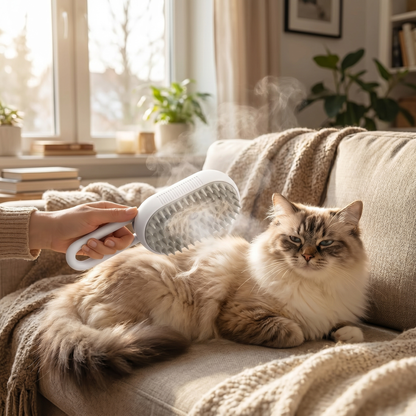 White pet steam brush grooming a cat - lifestyle
